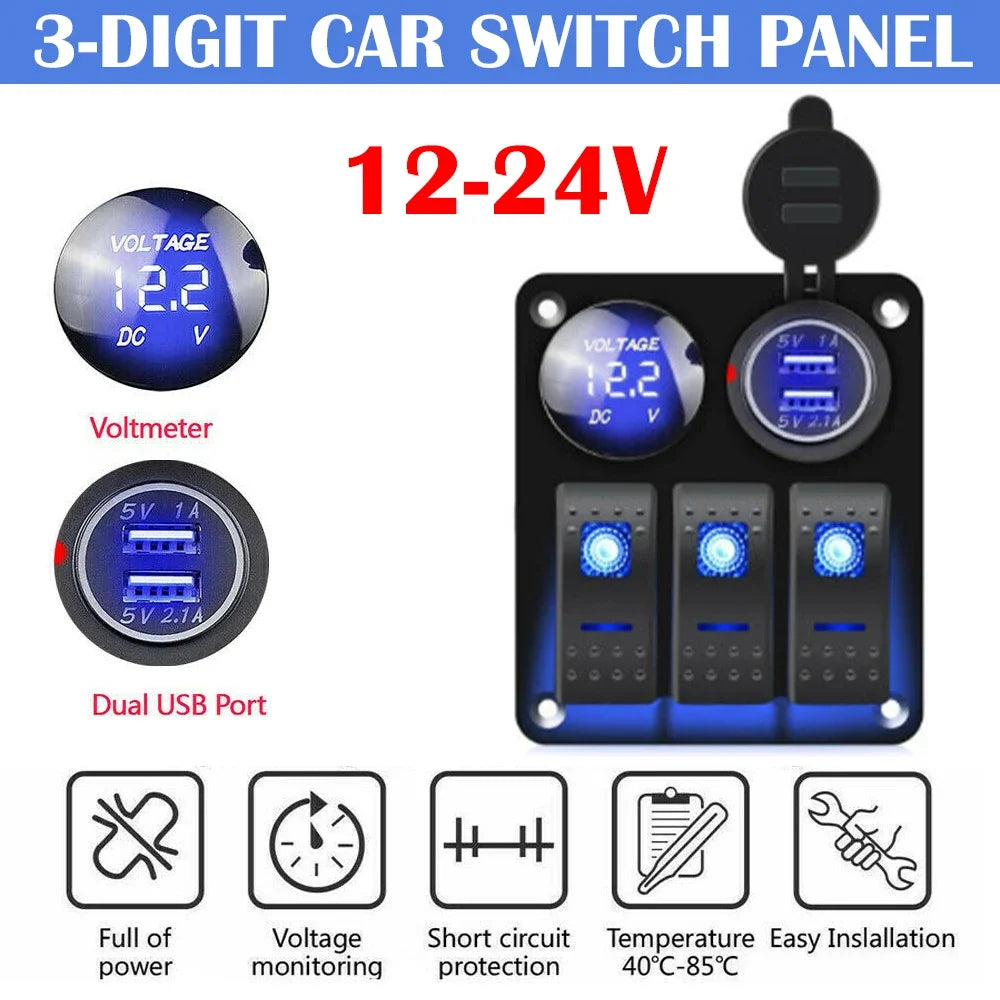 3 Gang Switch Panel Double USB Car Charger/ Voltmeter