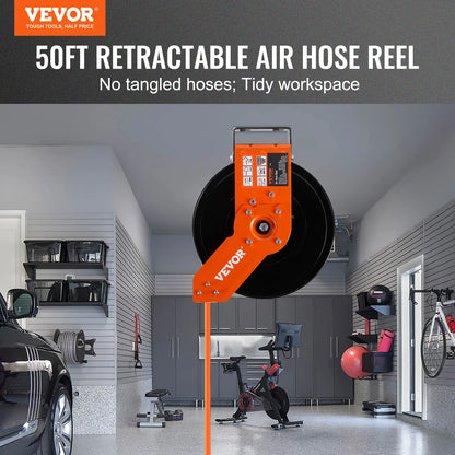 Retractable Air Hose Reel 50 FT Hybrid Air Compressor Hose Reel 5 In Wall Mount Heavy Duty Double Arm Stainless Steel Reel