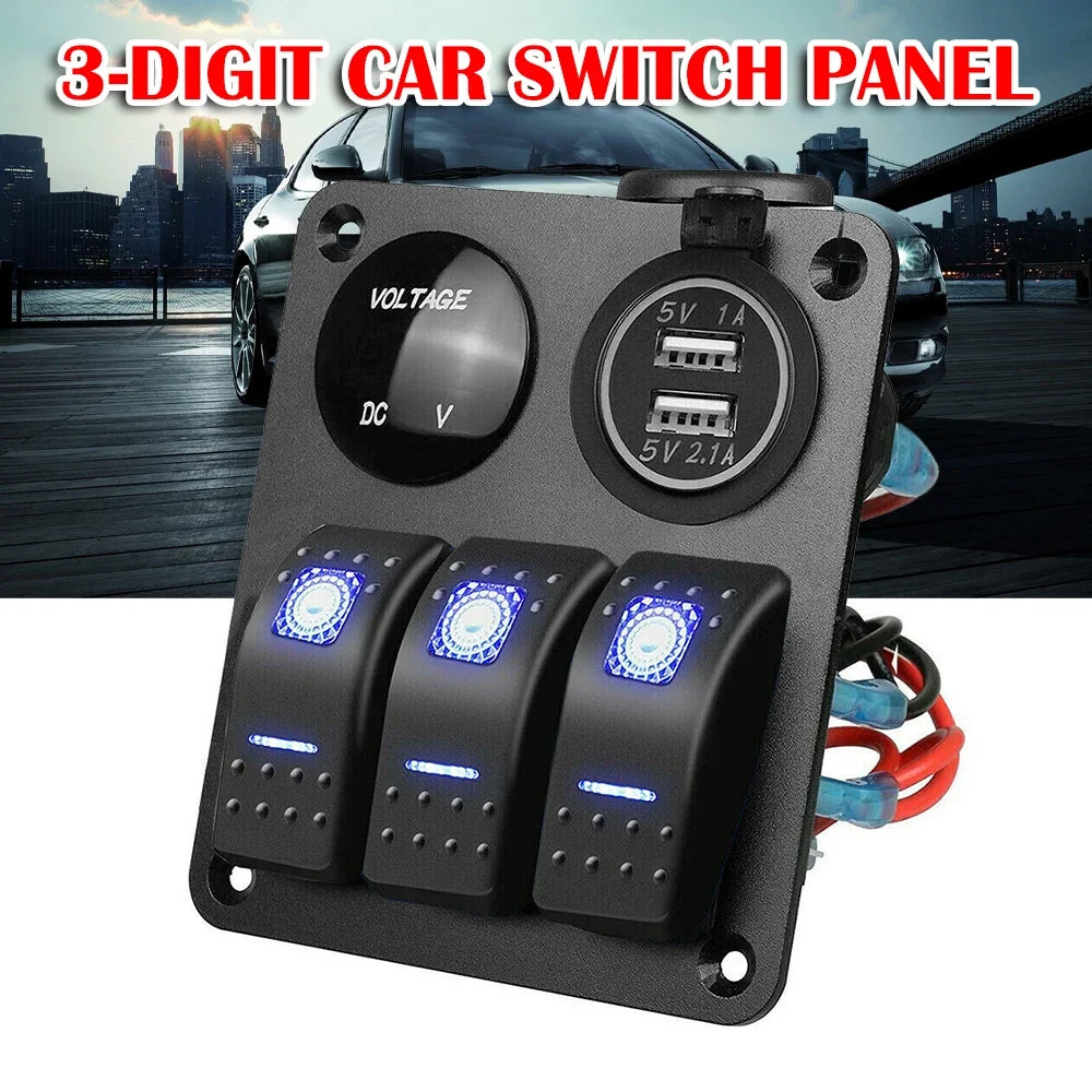 3 Gang Switch Panel Double USB Car Charger/ Voltmeter