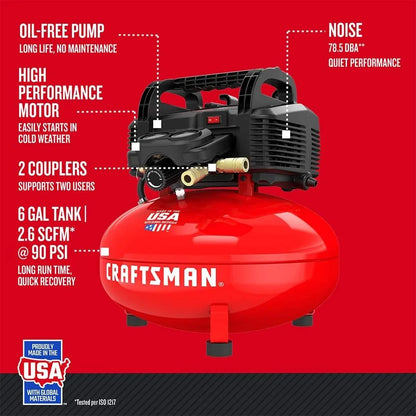 Air Compressor, 6 Gallon, Pancake, Oil-Free