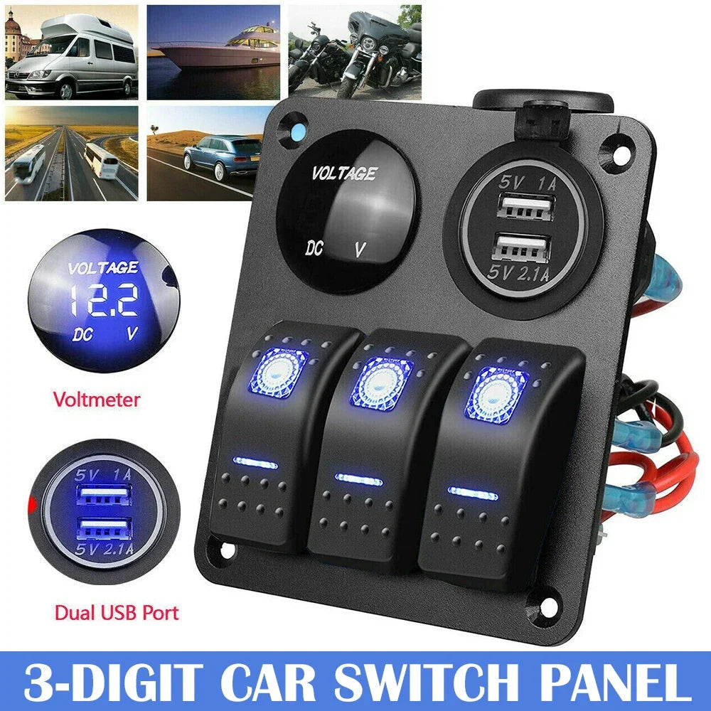 3 Gang Switch Panel Double USB Car Charger/ Voltmeter